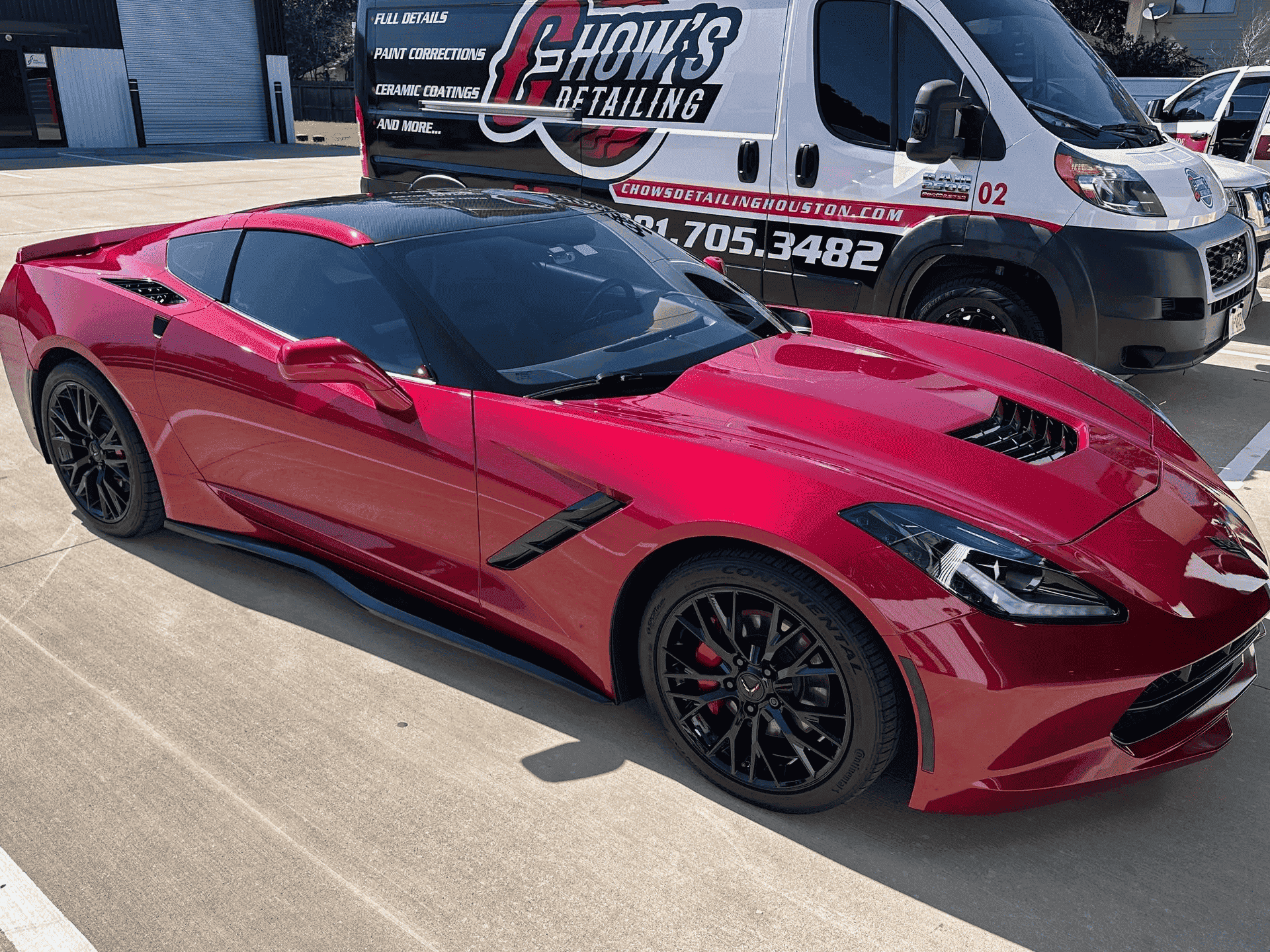 New vehicle protection on a red Corvette at Chow's Detailing